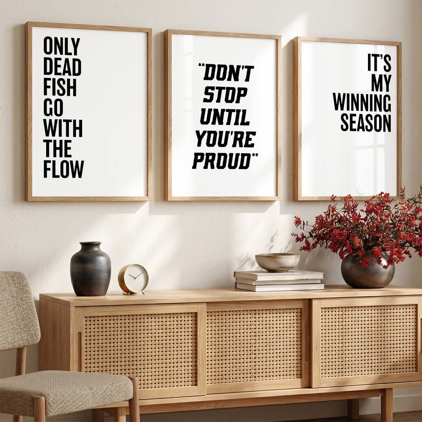 Modern Typography Motivational Quotes Wall Art Set of 3 Framed Prints for Workout Space