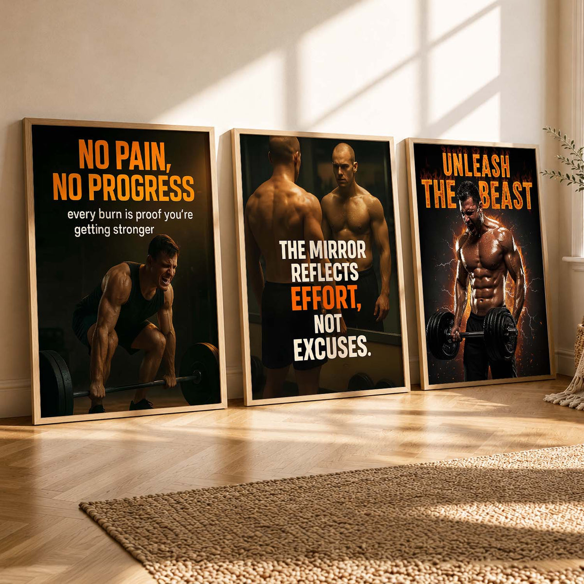Fitness Workout Gym Motivational Quotes Wall Art Set of 3 Framed Prints for Training Room