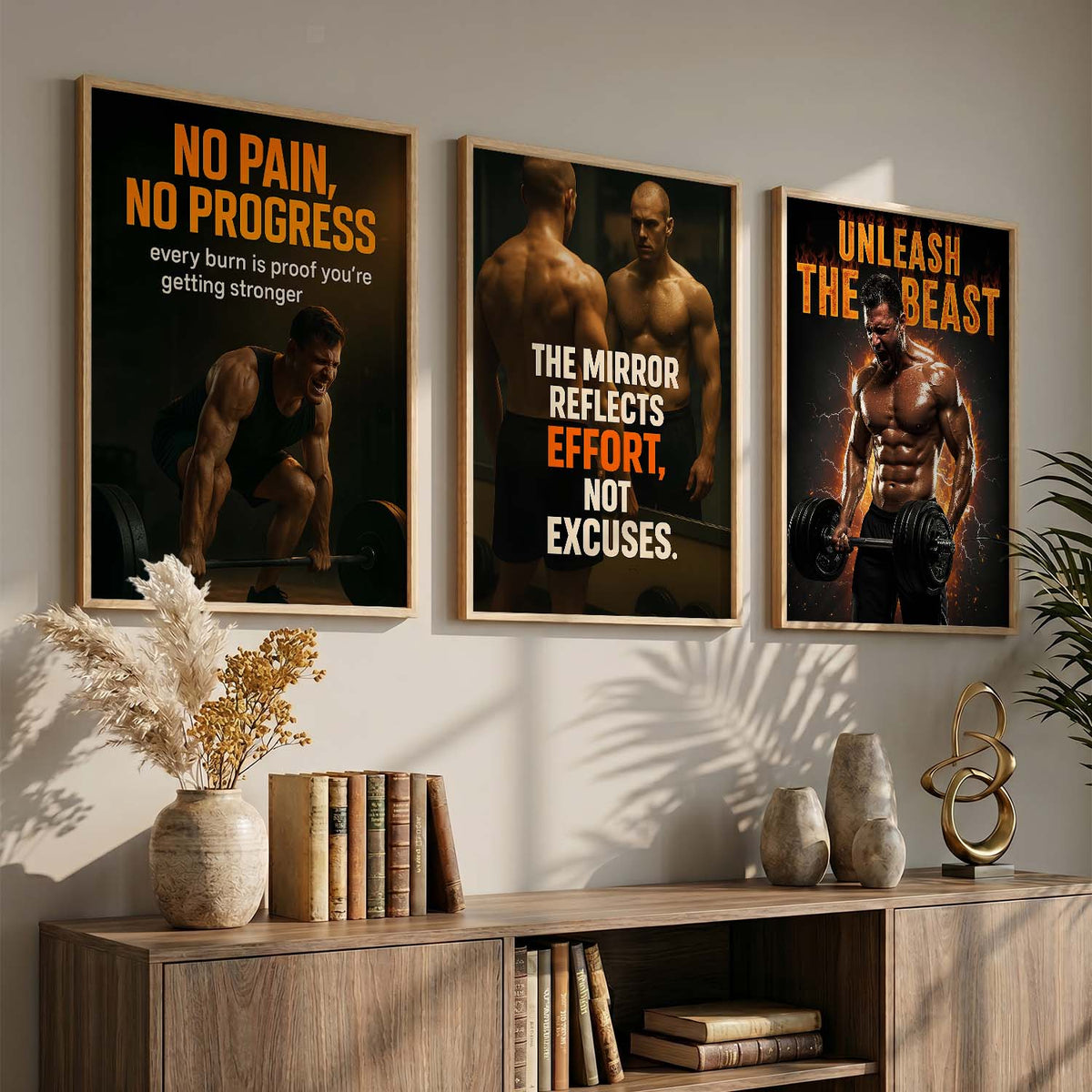 Fitness Workout Gym Motivational Quotes Wall Art Set of 3 Framed Prints for Training Room