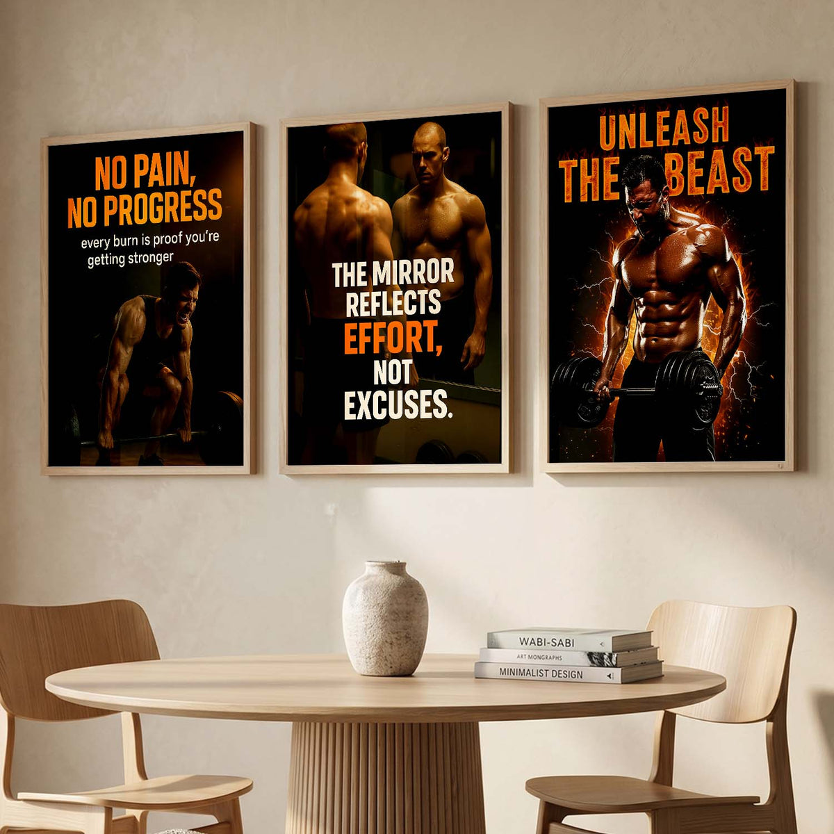 Fitness Workout Gym Motivational Quotes Wall Art Set of 3 Framed Prints for Training Room