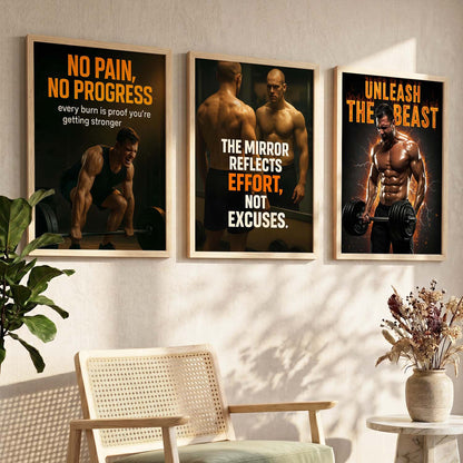 Fitness Workout Gym Motivational Quotes Wall Art Set of 3 Framed Prints for Training Room
