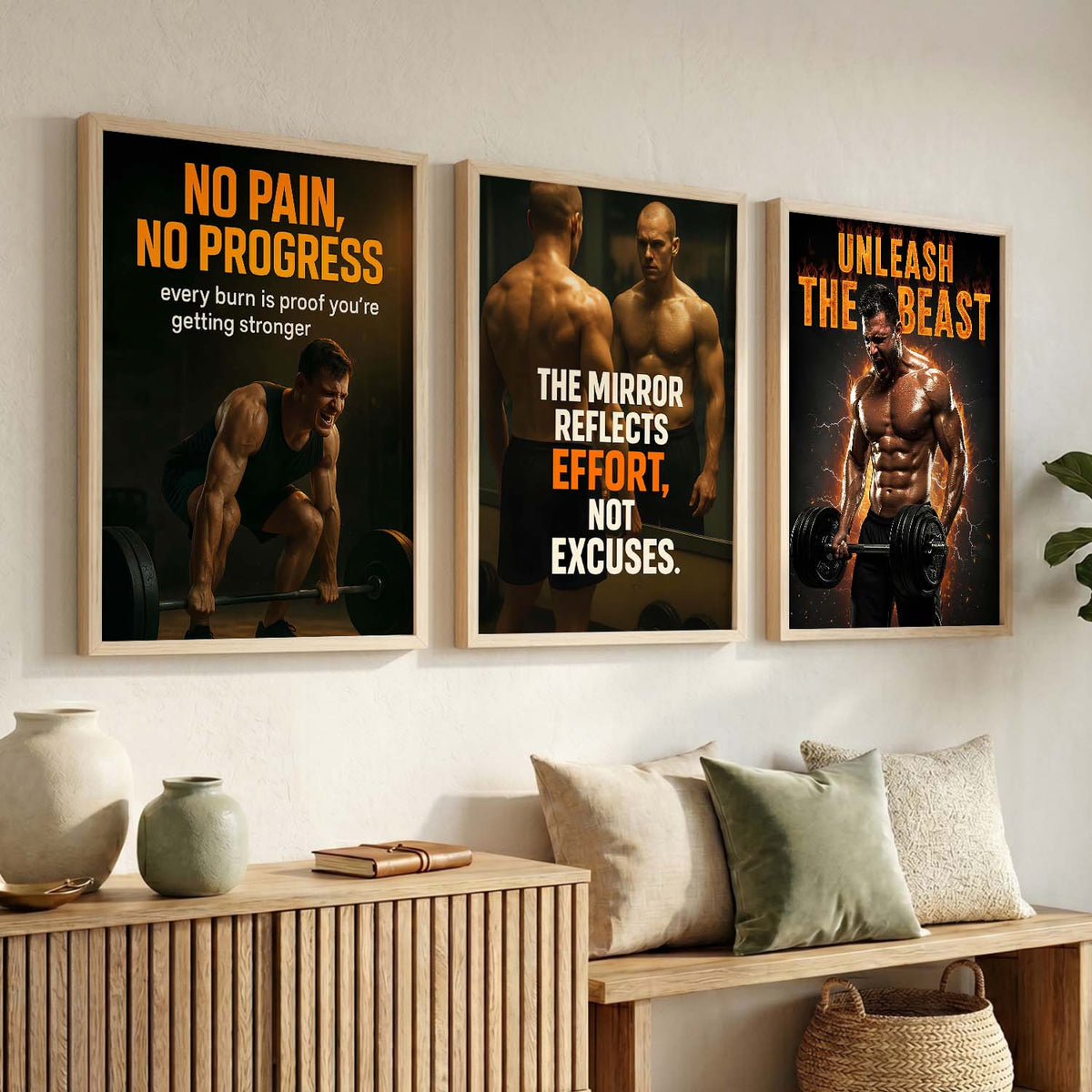 Fitness Workout Gym Motivational Quotes Wall Art Set of 3 Framed Prints for Training Room