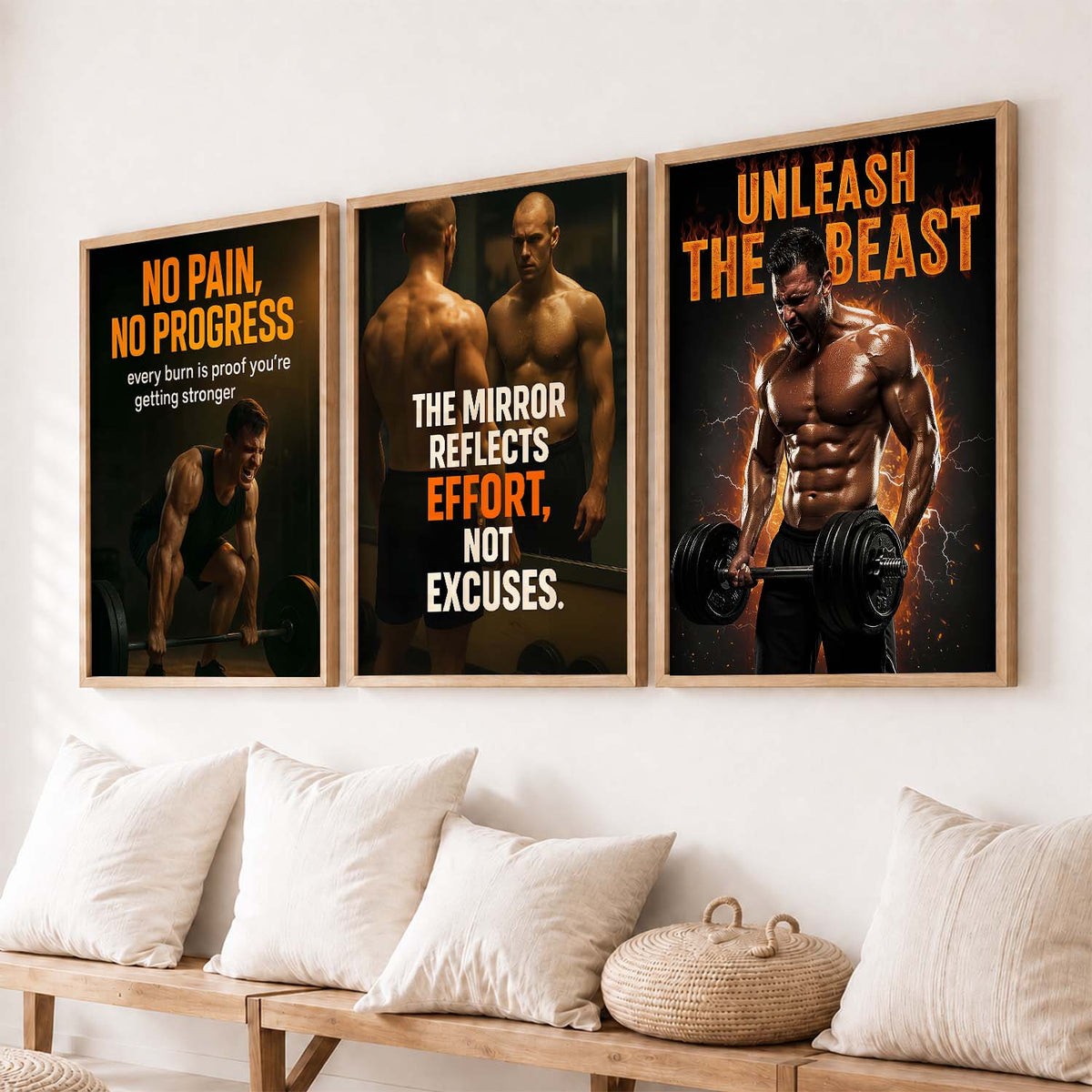 Fitness Workout Gym Motivational Quotes Wall Art Set of 3 Framed Prints for Training Room