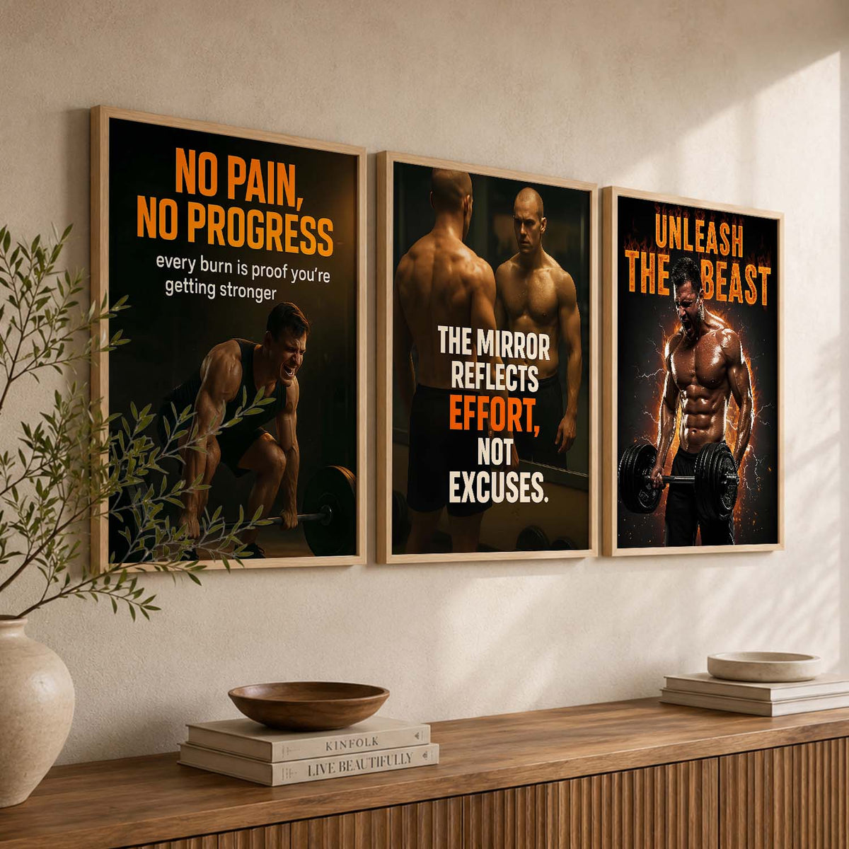 Fitness Workout Gym Motivational Quotes Wall Art Set of 3 Framed Prints for Training Room