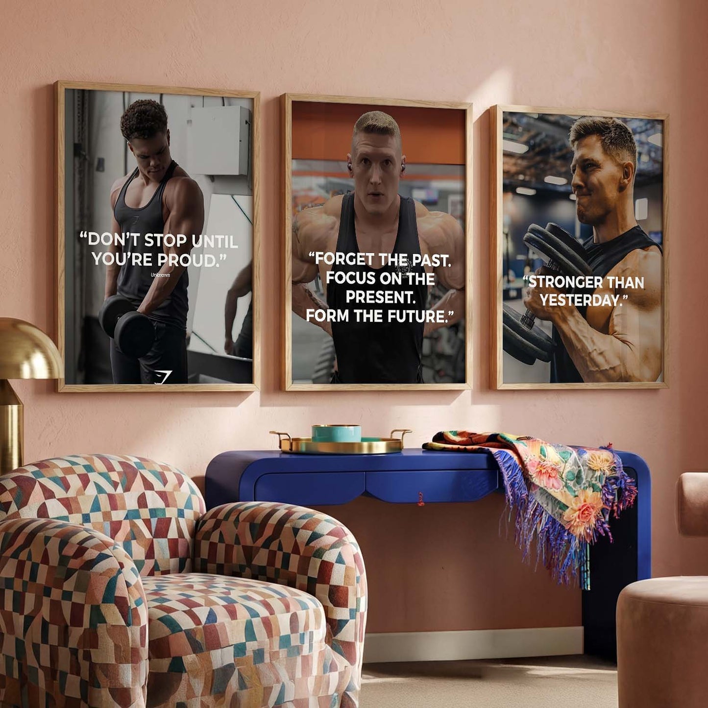 Bodybuilding Gym Motivational Quotes Wall Art Set of 3 Framed Prints for Fitness Room