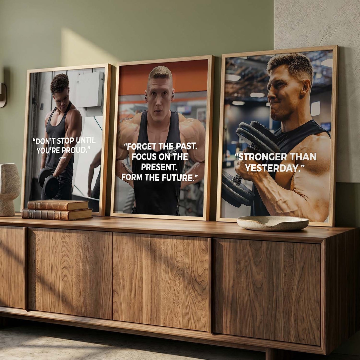 Bodybuilding Gym Motivational Quotes Wall Art Set of 3 Framed Prints for Fitness Room