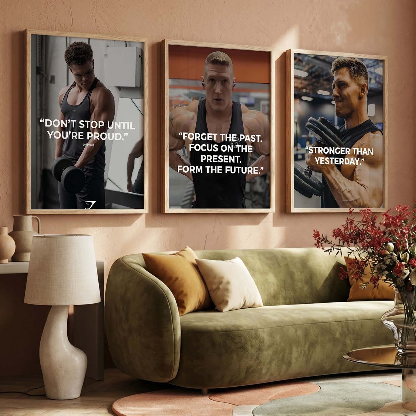 Bodybuilding Gym Motivational Quotes Wall Art Set of 3 Framed Prints for Fitness Room
