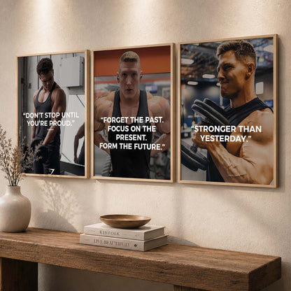 Bodybuilding Gym Motivational Quotes Wall Art Set of 3 Framed Prints for Fitness Room