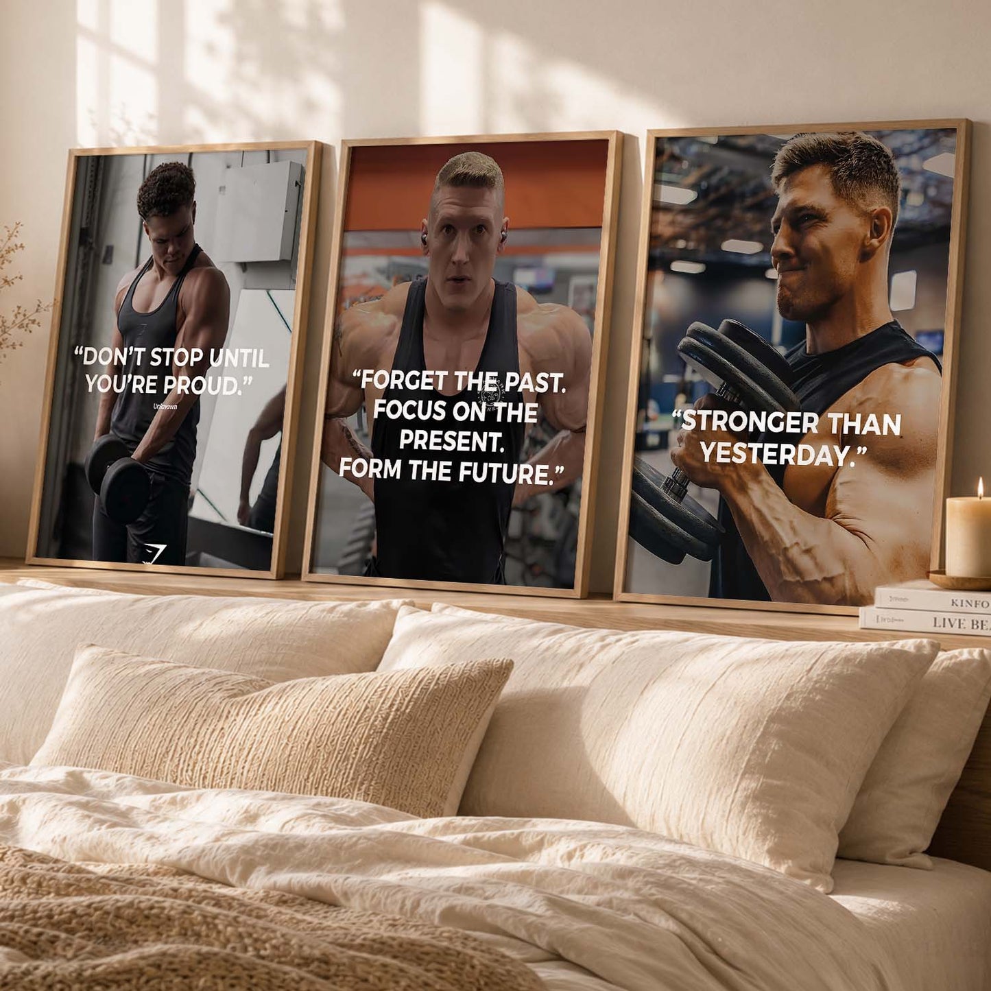 Bodybuilding Gym Motivational Quotes Wall Art Set of 3 Framed Prints for Fitness Room