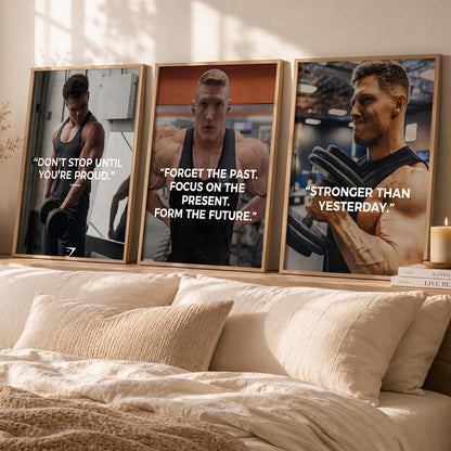 Bodybuilding Gym Motivational Quotes Wall Art Set of 3 Framed Prints for Fitness Room