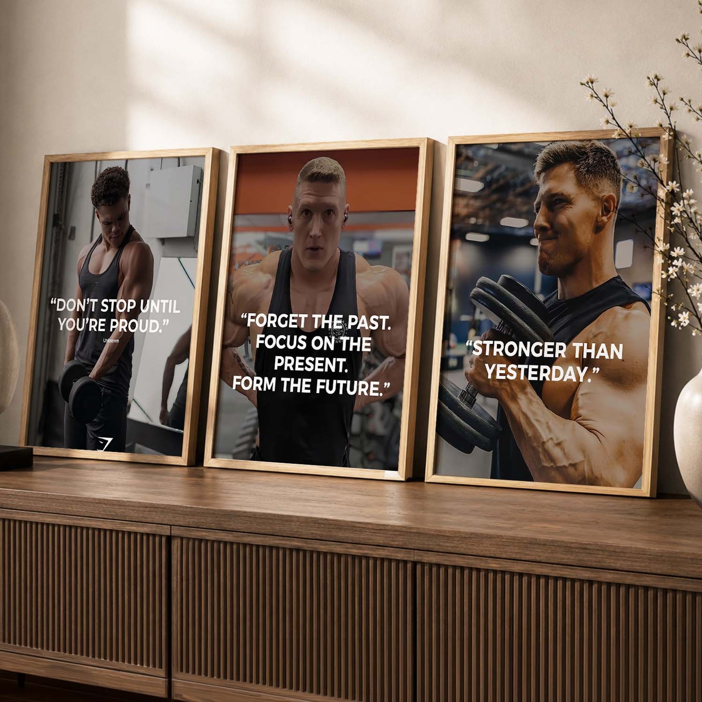 Bodybuilding Gym Motivational Quotes Wall Art Set of 3 Framed Prints for Fitness Room
