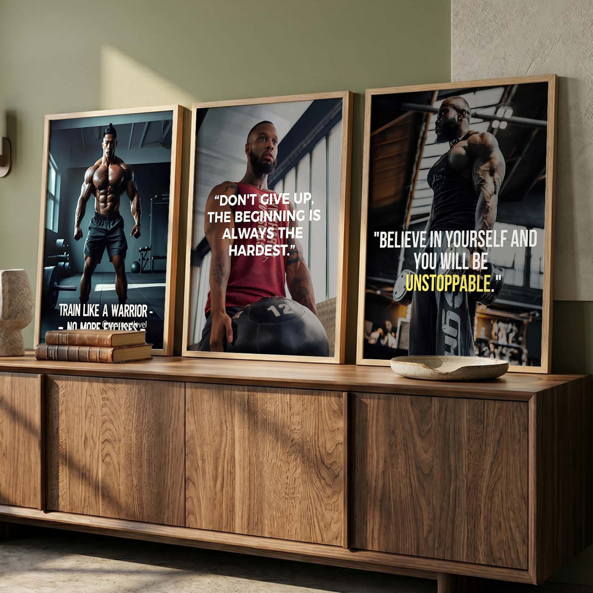 Bodybuilding Gym Motivational Quotes - Fitness Design Wall Art Set of 3 Framed Prints