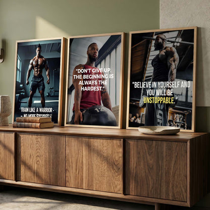 Bodybuilding Gym Motivational Quotes - Fitness Design Wall Art Set of 3 Framed Prints