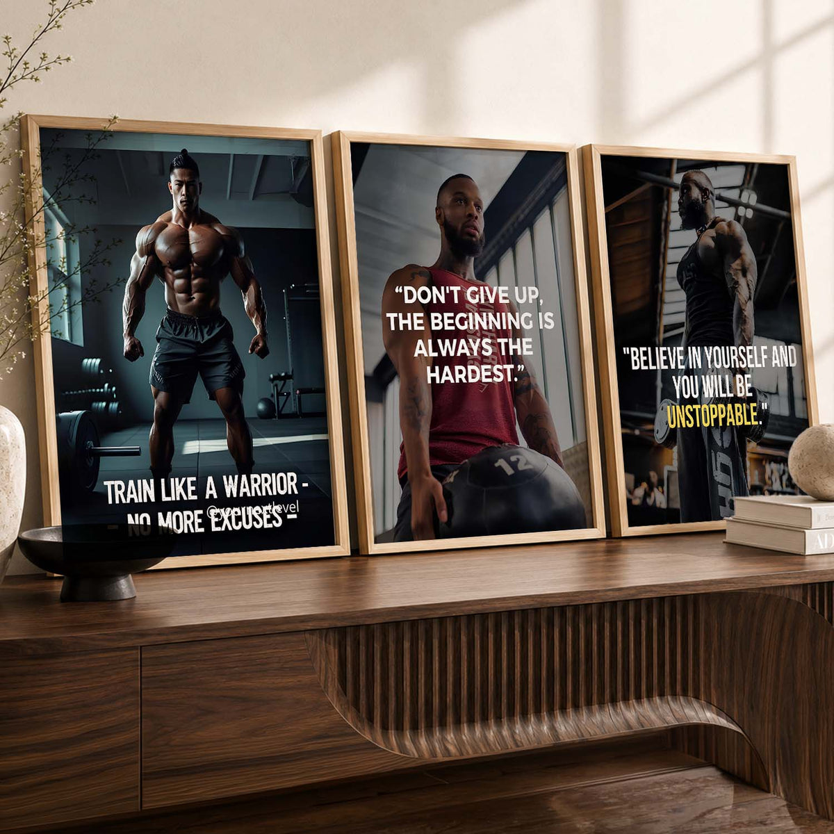 Bodybuilding Gym Motivational Quotes - Fitness Design Wall Art Set of 3 Framed Prints