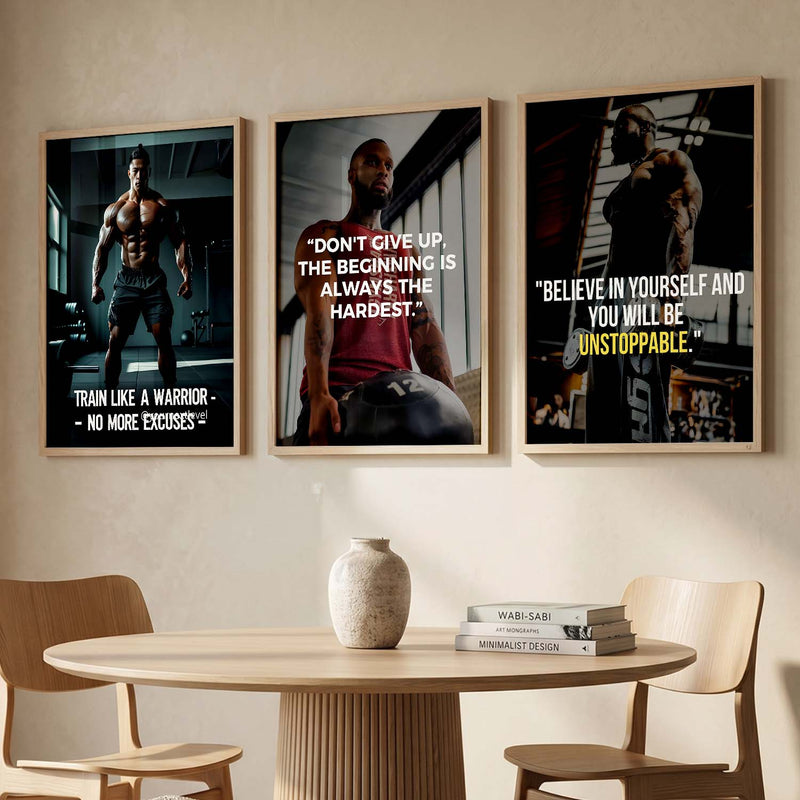 Bodybuilding Gym Motivational Quotes - Fitness Design Wall Art Set of 3 Framed Prints