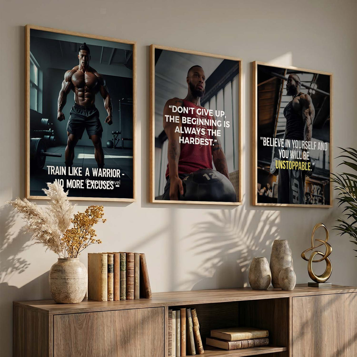 Bodybuilding Gym Motivational Quotes - Fitness Design Wall Art Set of 3 Framed Prints