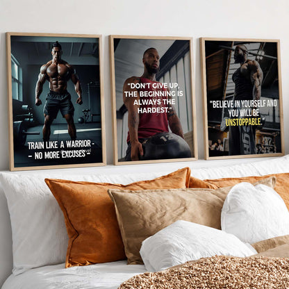 Bodybuilding Gym Motivational Quotes - Fitness Design Wall Art Set of 3 Framed Prints