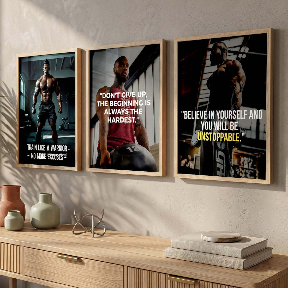 Bodybuilding Gym Motivational Quotes - Fitness Design Wall Art Set of 3 Framed Prints