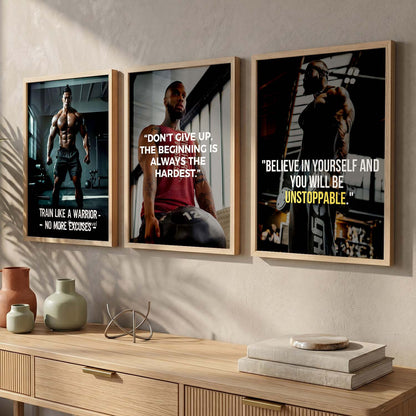 Bodybuilding Gym Motivational Quotes - Fitness Design Wall Art Set of 3 Framed Prints