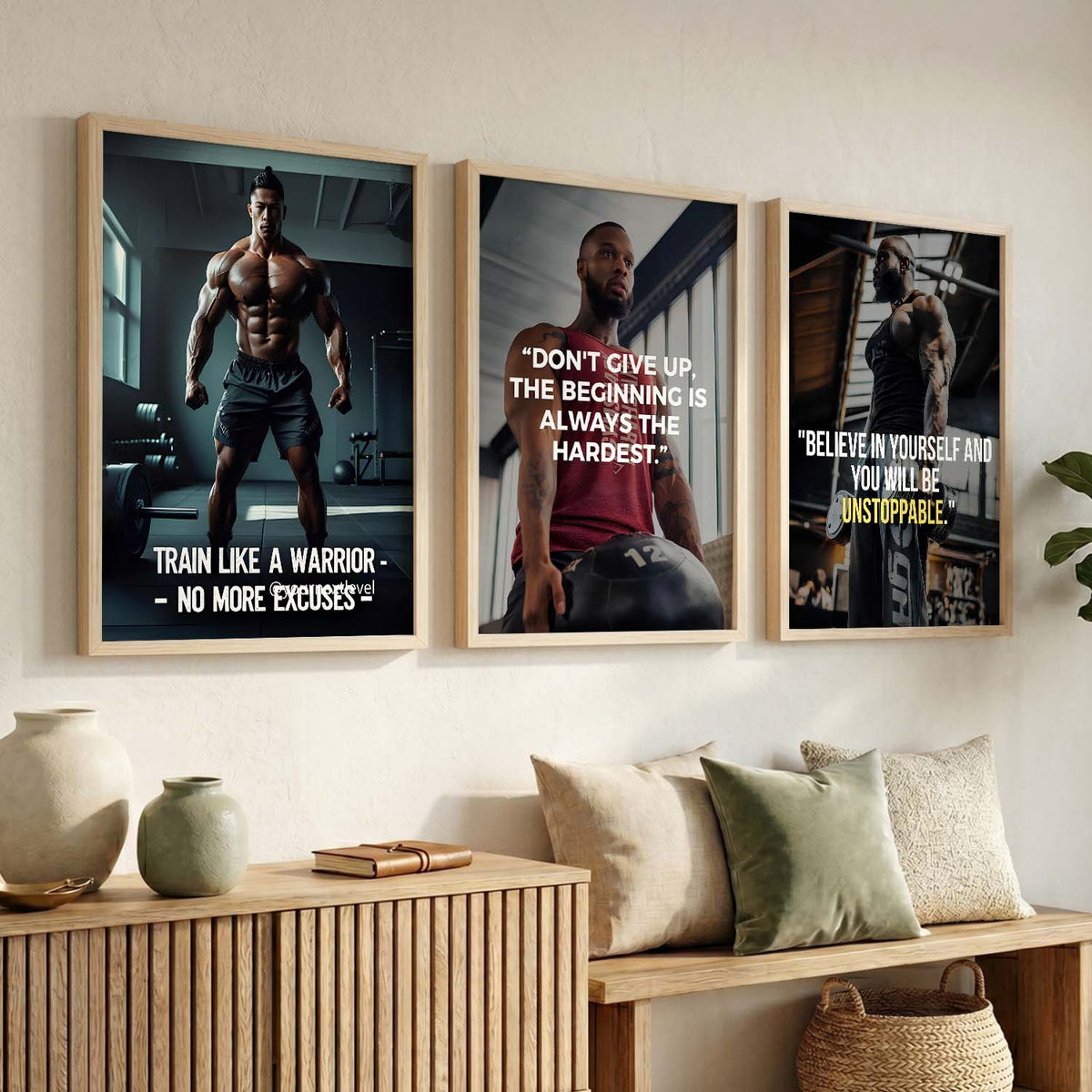 Bodybuilding Gym Motivational Quotes - Fitness Design Wall Art Set of 3 Framed Prints