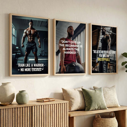Bodybuilding Gym Motivational Quotes - Fitness Design Wall Art Set of 3 Framed Prints