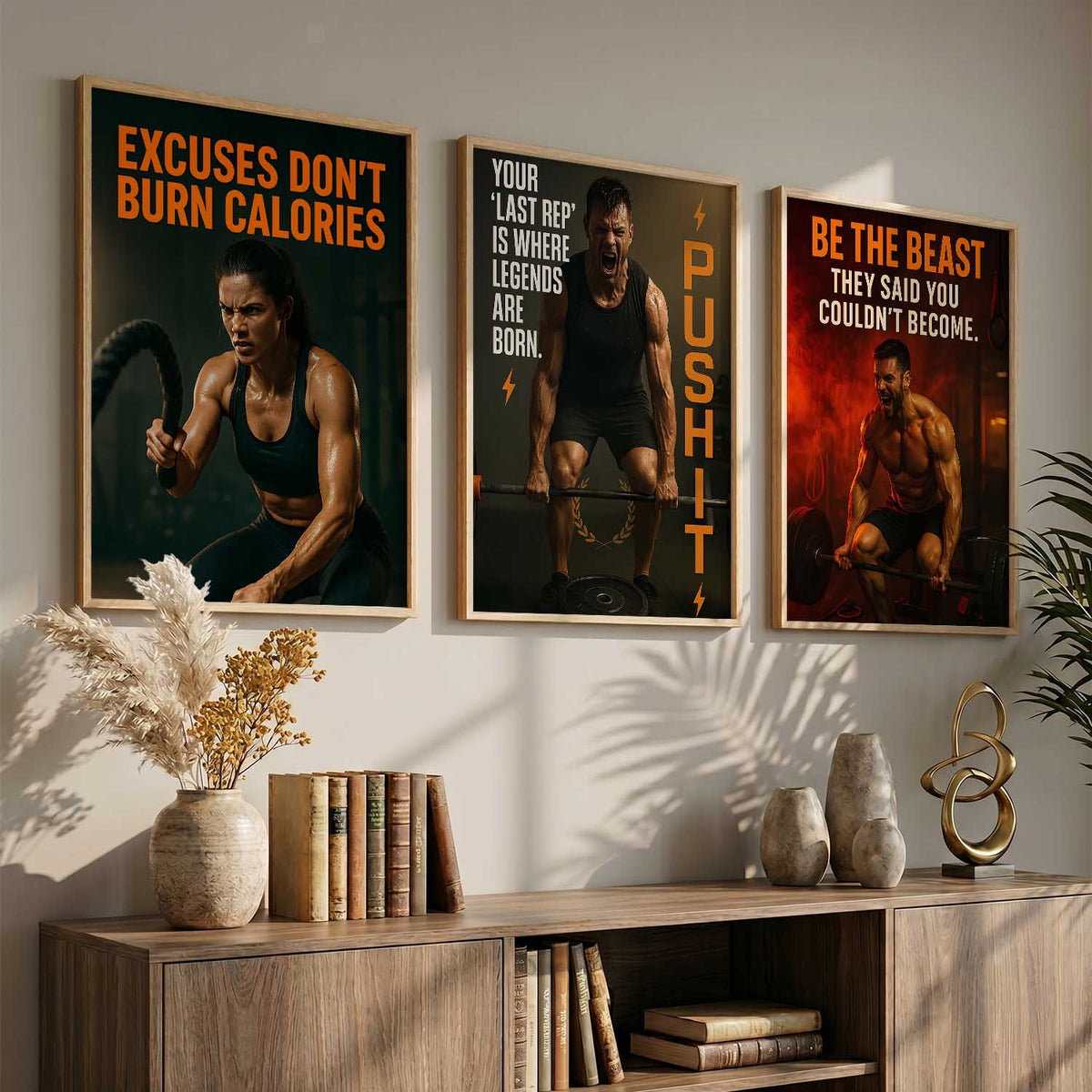 Bold Typography Motivational Quotes Wall Art Set of 3 Framed Prints for Gym Wall