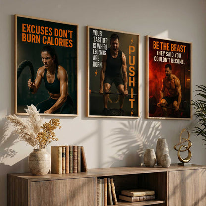 Bold Typography Motivational Quotes Wall Art Set of 3 Framed Prints for Gym Wall