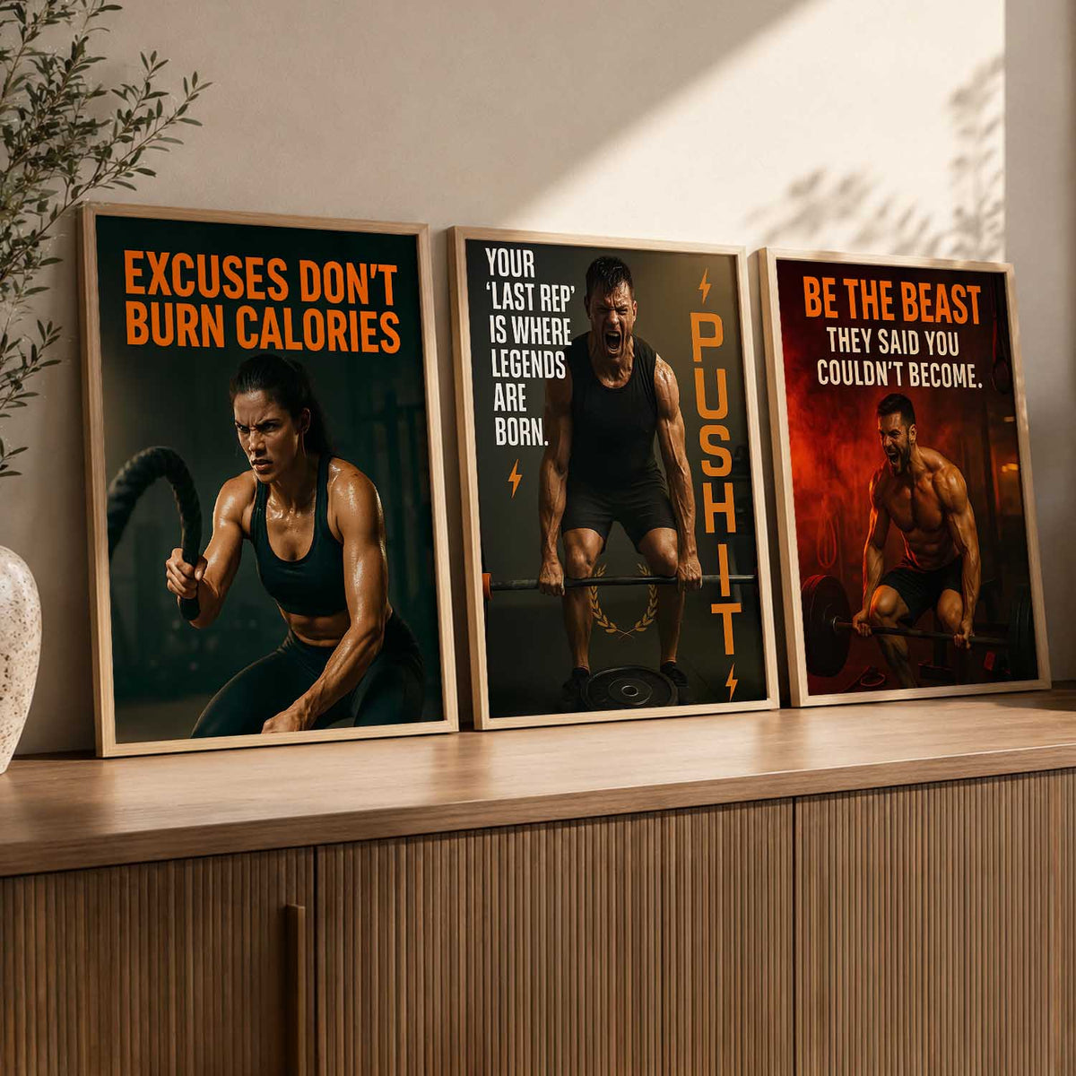 Bold Typography Motivational Quotes Wall Art Set of 3 Framed Prints for Gym Wall