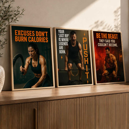 Bold Typography Motivational Quotes Wall Art Set of 3 Framed Prints for Gym Wall