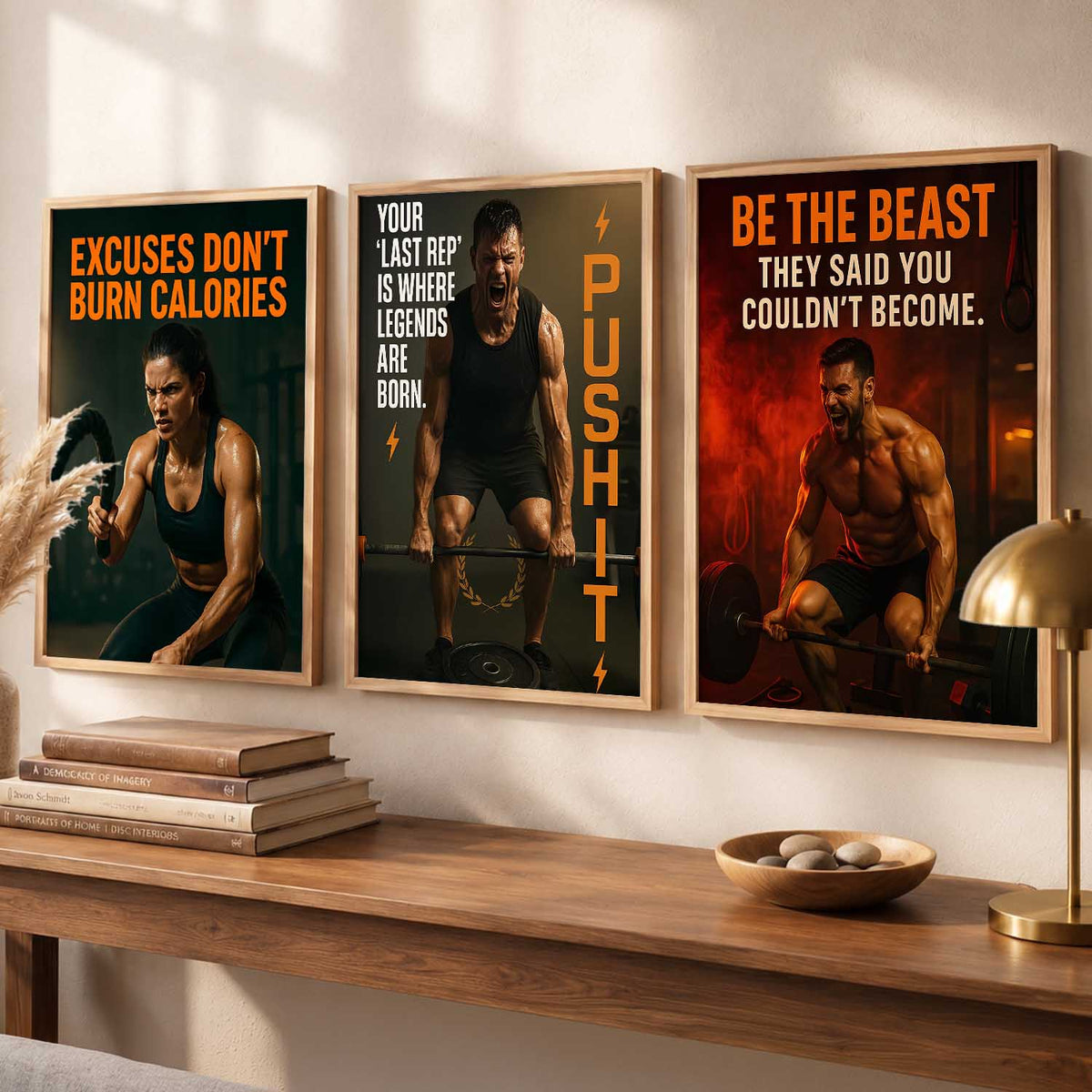 Bold Typography Motivational Quotes Wall Art Set of 3 Framed Prints for Gym Wall