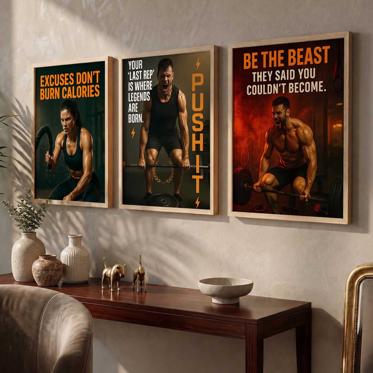 Bold Typography Motivational Quotes Wall Art Set of 3 Framed Prints for Gym Wall
