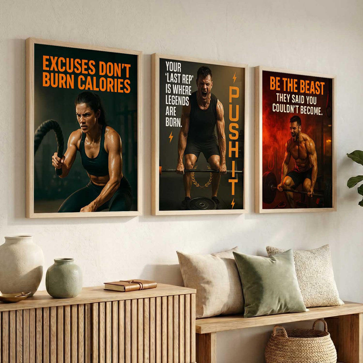 Bold Typography Motivational Quotes Wall Art Set of 3 Framed Prints for Gym Wall
