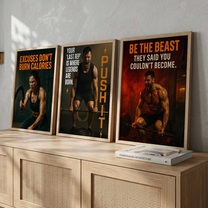Bold Typography Motivational Quotes Wall Art Set of 3 Framed Prints for Gym Wall