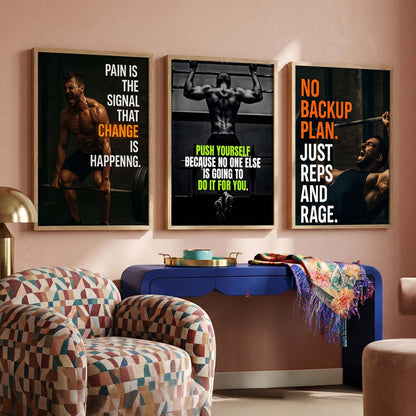 Bold Typography Motivational Quotes Wall Art Set of 3 Framed Prints for Workout Space