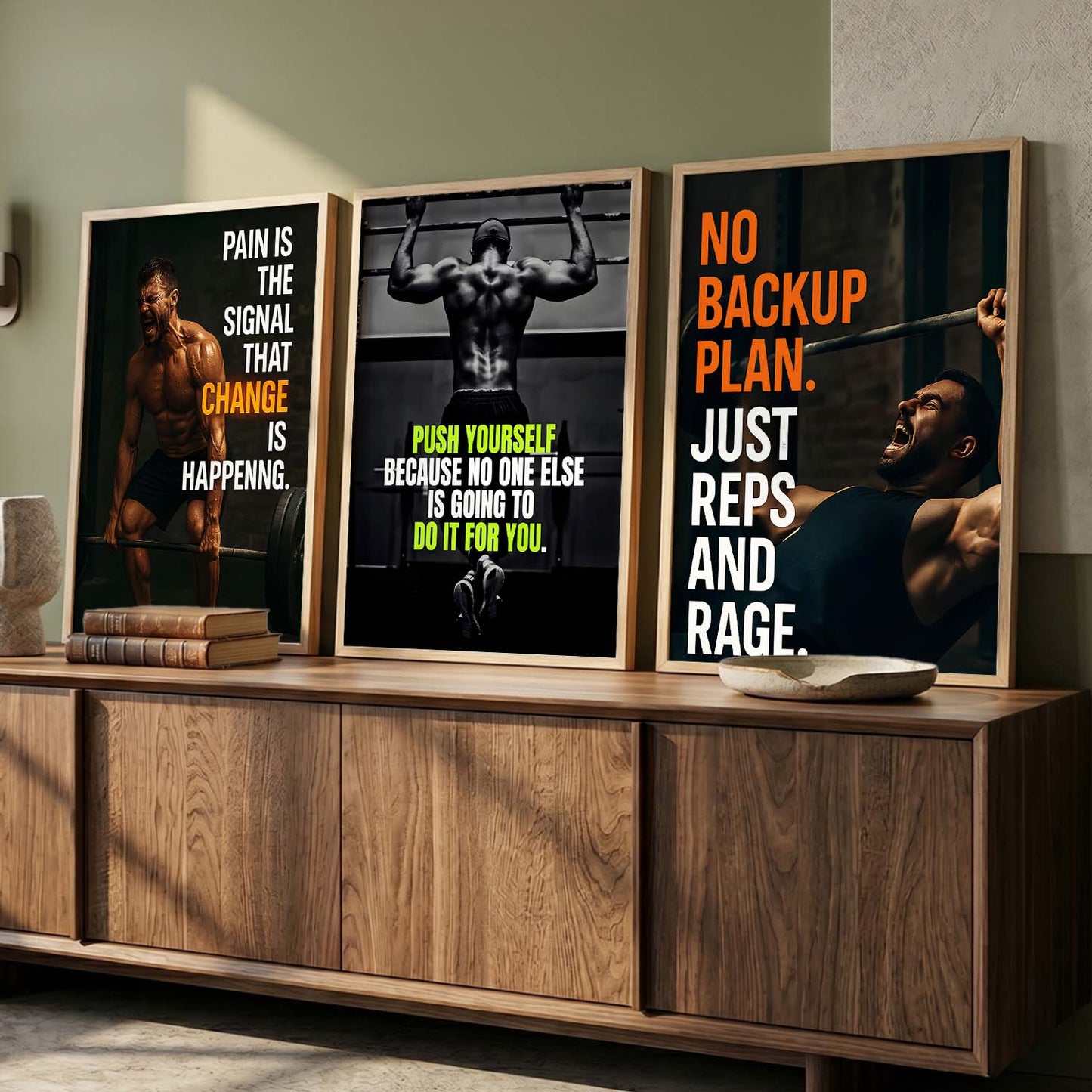 Bold Typography Motivational Quotes Wall Art Set of 3 Framed Prints for Workout Space