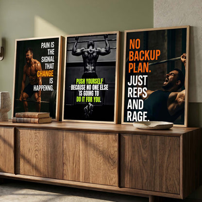 Bold Typography Motivational Quotes Wall Art Set of 3 Framed Prints for Workout Space