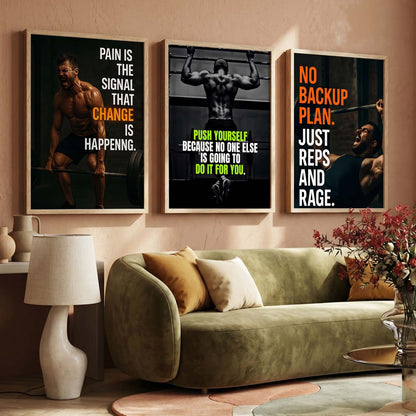Bold Typography Motivational Quotes Wall Art Set of 3 Framed Prints for Workout Space