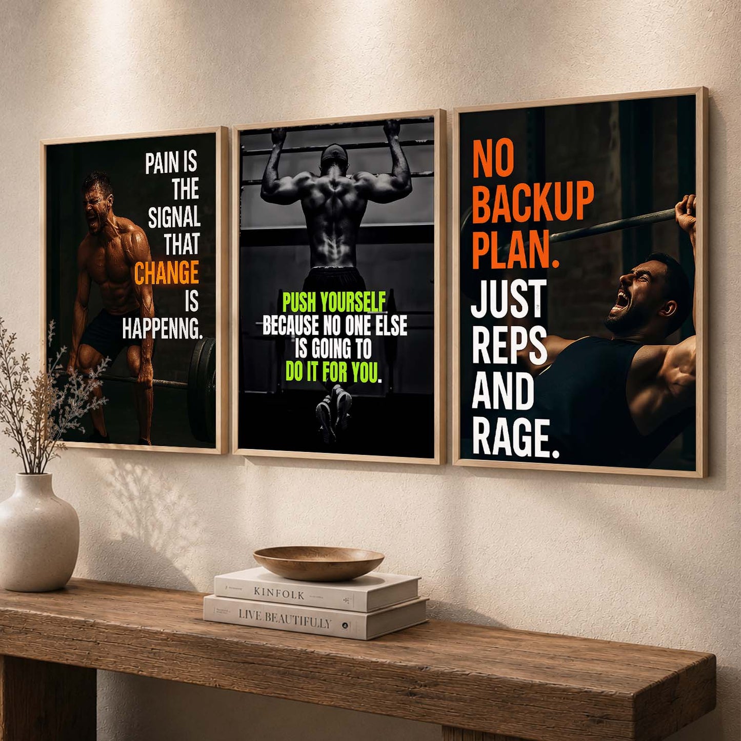 Bold Typography Motivational Quotes Wall Art Set of 3 Framed Prints for Workout Space