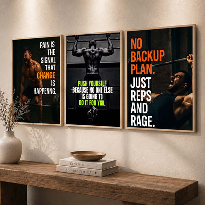Bold Typography Motivational Quotes Wall Art Set of 3 Framed Prints for Workout Space