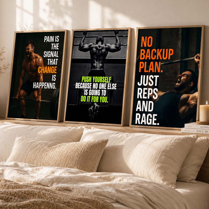 Bold Typography Motivational Quotes Wall Art Set of 3 Framed Prints for Workout Space