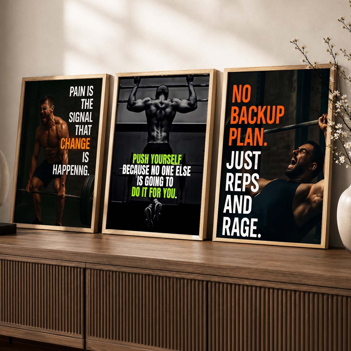 Bold Typography Motivational Quotes Wall Art Set of 3 Framed Prints for Workout Space