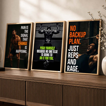 Bold Typography Motivational Quotes Wall Art Set of 3 Framed Prints for Workout Space