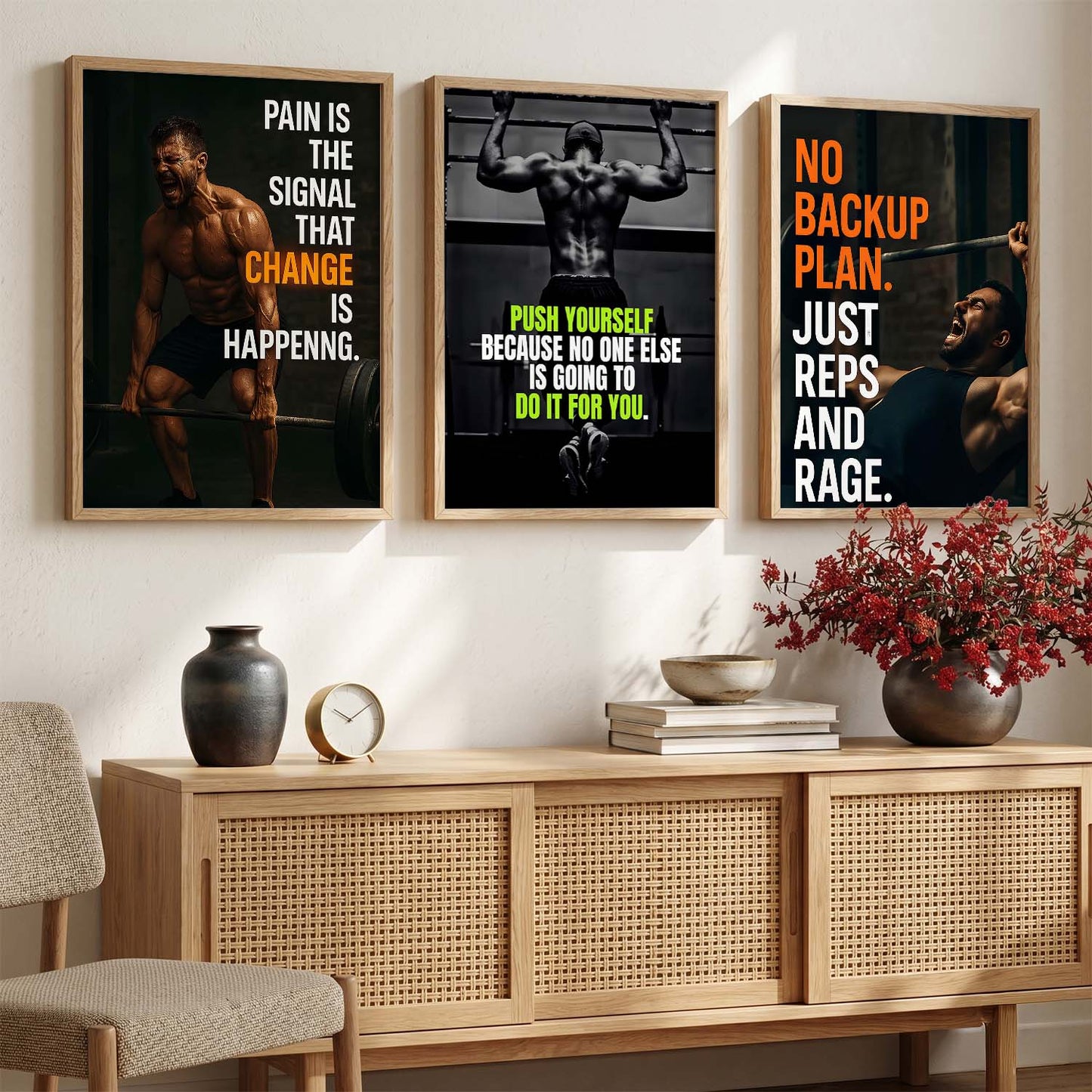 Bold Typography Motivational Quotes Wall Art Set of 3 Framed Prints for Workout Space