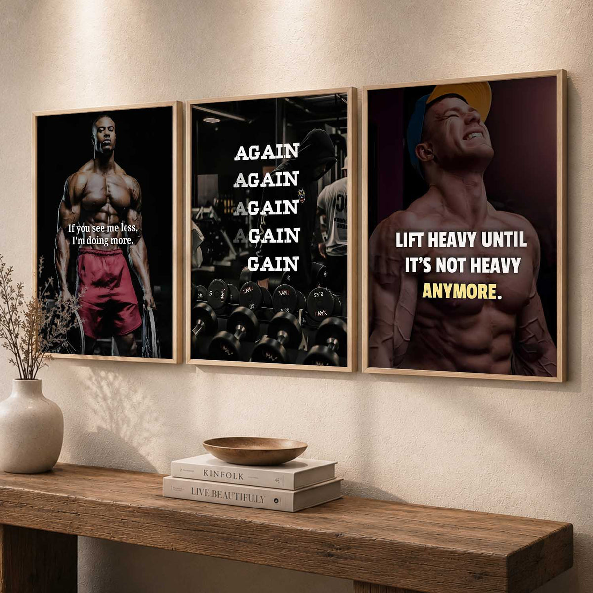 Fitness Workout Gym Motivational Quotes Wall Art Set of 3 Framed Prints for Home Gym