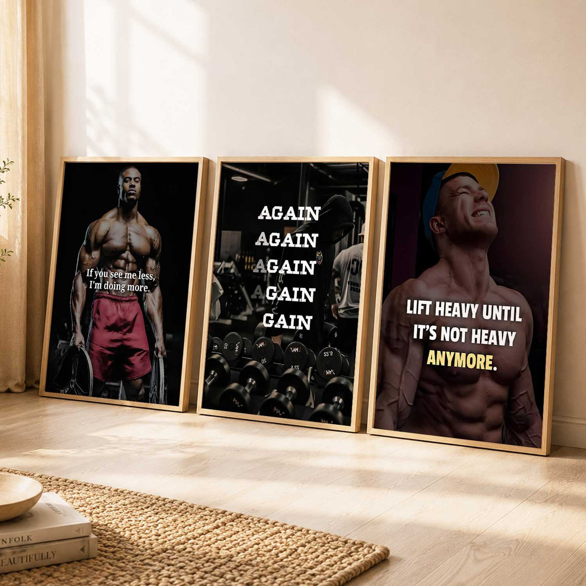 Fitness Workout Gym Motivational Quotes Wall Art Set of 3 Framed Prints for Home Gym