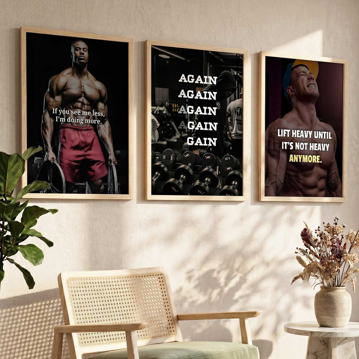 Fitness Workout Gym Motivational Quotes Wall Art Set of 3 Framed Prints for Home Gym