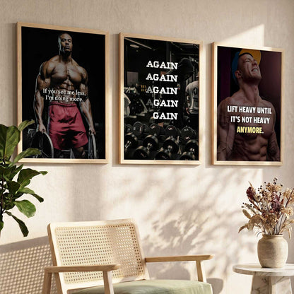 Fitness Workout Gym Motivational Quotes Wall Art Set of 3 Framed Prints for Home Gym