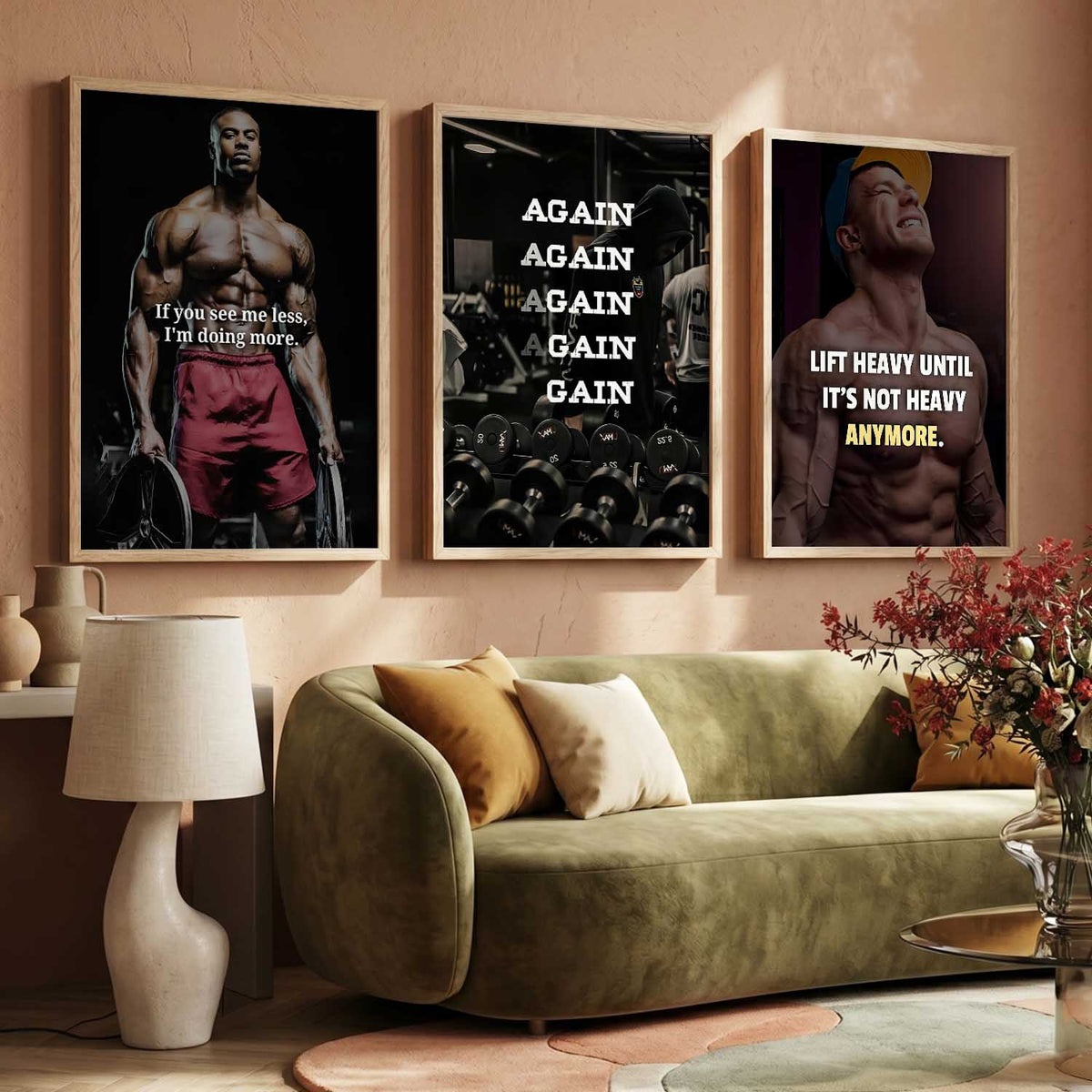 Fitness Workout Gym Motivational Quotes Wall Art Set of 3 Framed Prints for Home Gym