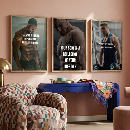 Bodybuilding Workout Gym Motivational Quotes Wall Art Set of 3 Framed Prints