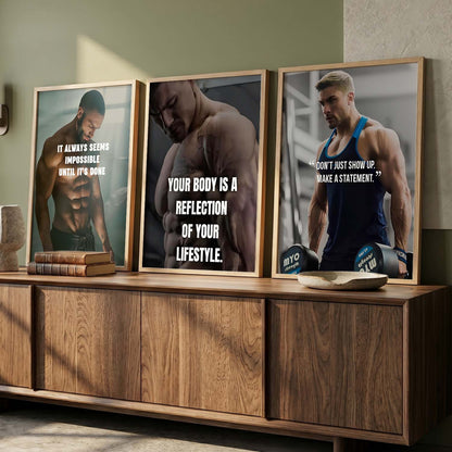 Bodybuilding Workout Gym Motivational Quotes Wall Art Set of 3 Framed Prints